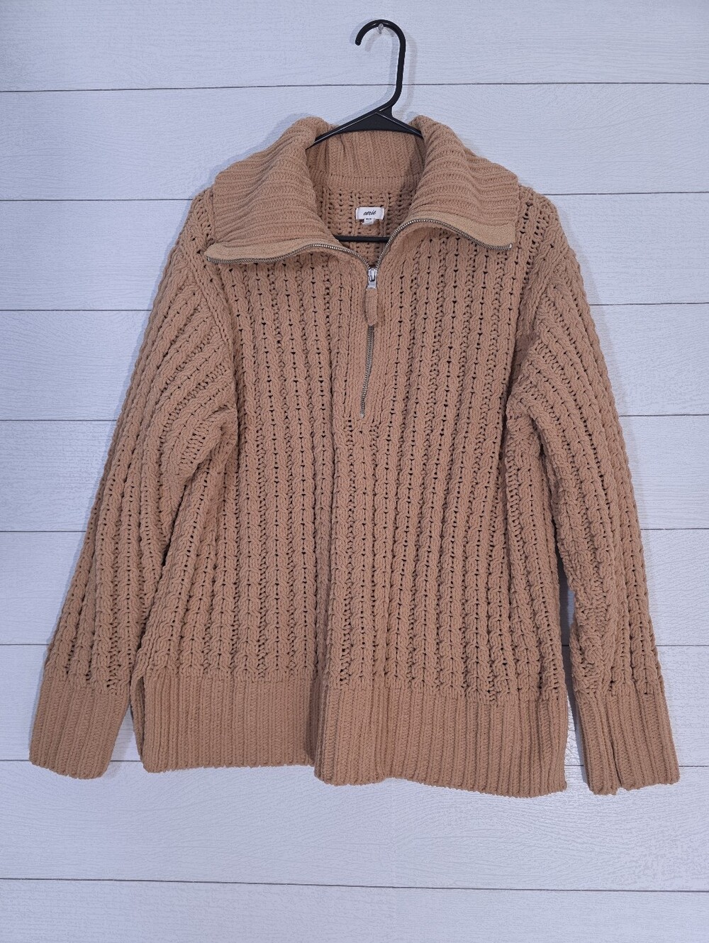 Aerie Cable Car Quarter Zip Oversized Open Knit Sweater Butterscotch Tan Medium